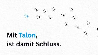 Grafik mit Text „Mit Talon, ist damit Schluss.“ und verstreuten schwarzen Punkten