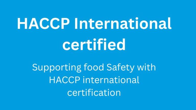 Blue graphic with text “HACCP International certified” and supporting line