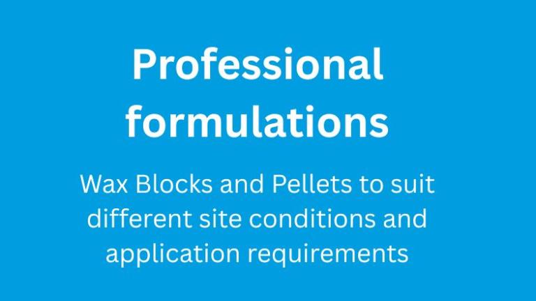 Graphic with text: “Professional formulations” and details about wax blocks and pellets on blue background