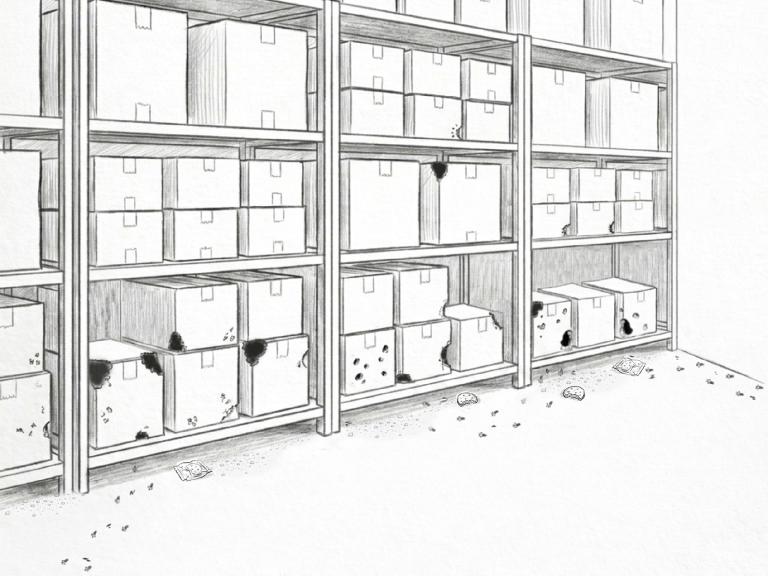 Desenho de estantes com caixas arquivadas numa sala vazia.