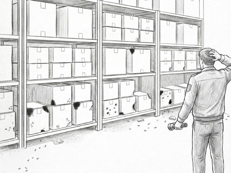 Man looking at shelves filled with boxes in a warehouse, sketch style.