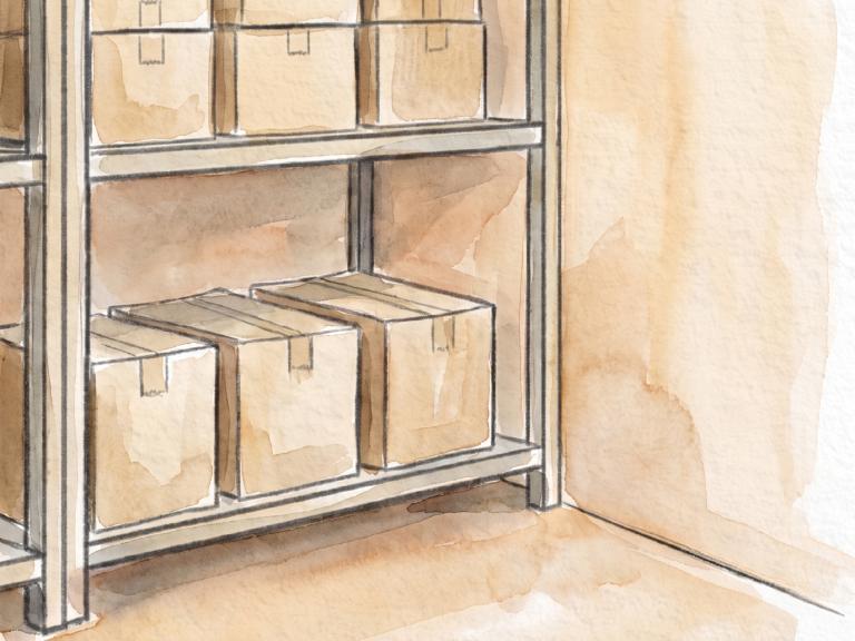 Metal shelf with cardboard boxes against a beige wall, watercolor illustration