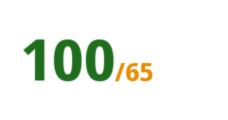 Green "100" with orange "/65" on white background, graphic