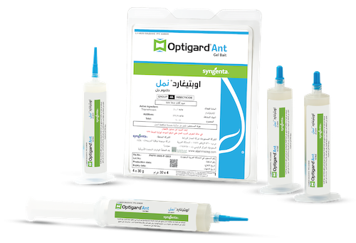 Optigard Ant insecticide packaging with syringe applicators and tubes on white background