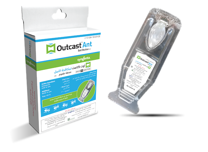 Outcast Ant product box and ant bait station on transparent background