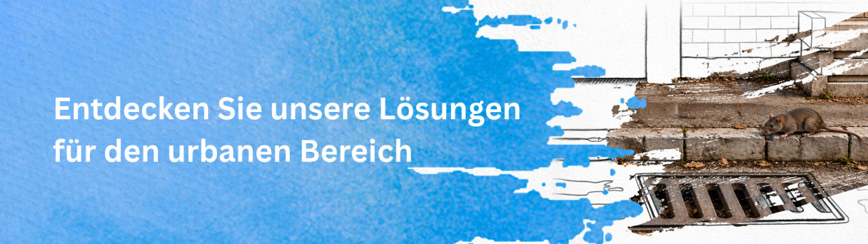 Banner mit Zugschienen und Stadt, Text: „Entdecken Sie unsere Lösungen für den urbanen Bereich“