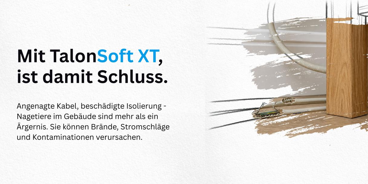 Deutschsprachige Grafik mit Text „Mit TalonSoft XT, ist damit Schluss.“ und Holzbrett rechts